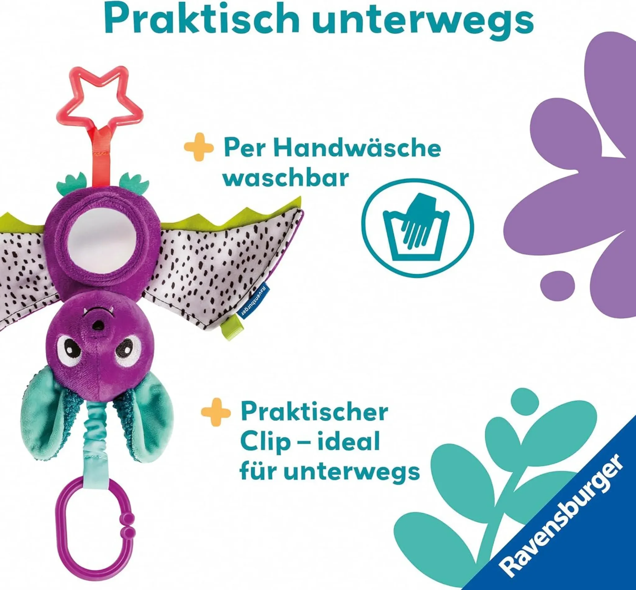 Baby Activity-Fledermaus – Kuschelspielzeug mit Spielelementen